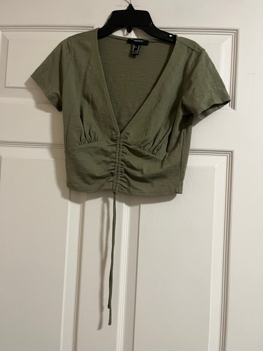 Forever 21 Olive Green Ruched Drawstring V-Neck Crop Top